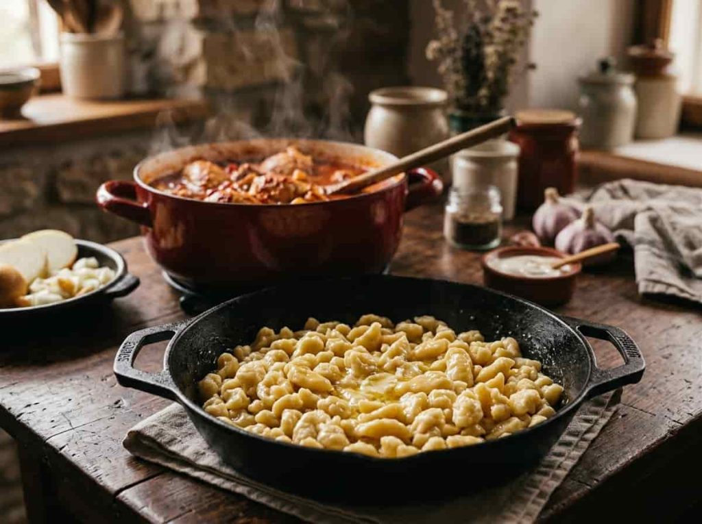 Soft, buttery nokedli dumplings are the classic accompaniment to creamy Hungarian chicken paprikash.