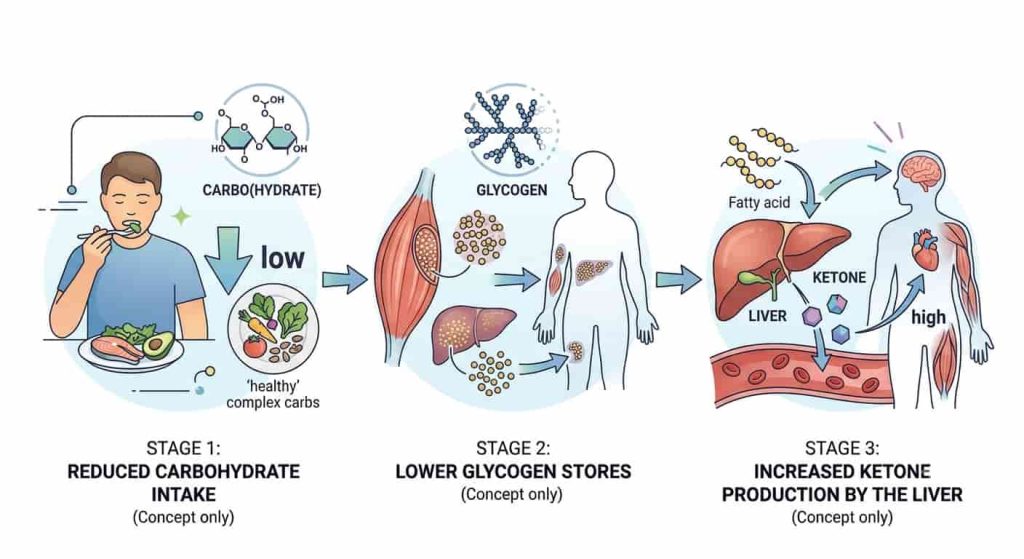 Illustration showing how carbohydrate restriction leads to ketosis
