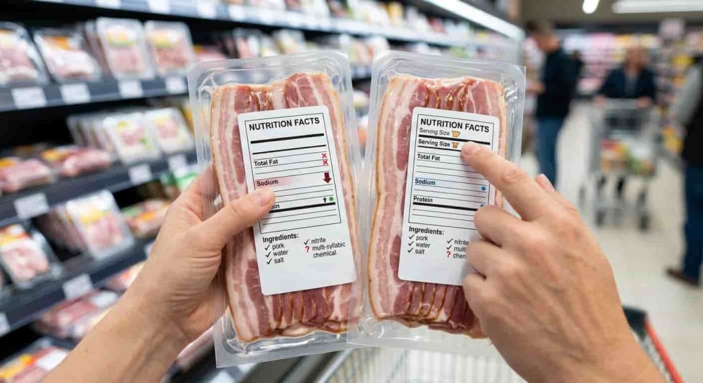 Person comparing bacon nutrition labels for sodium and ingredients