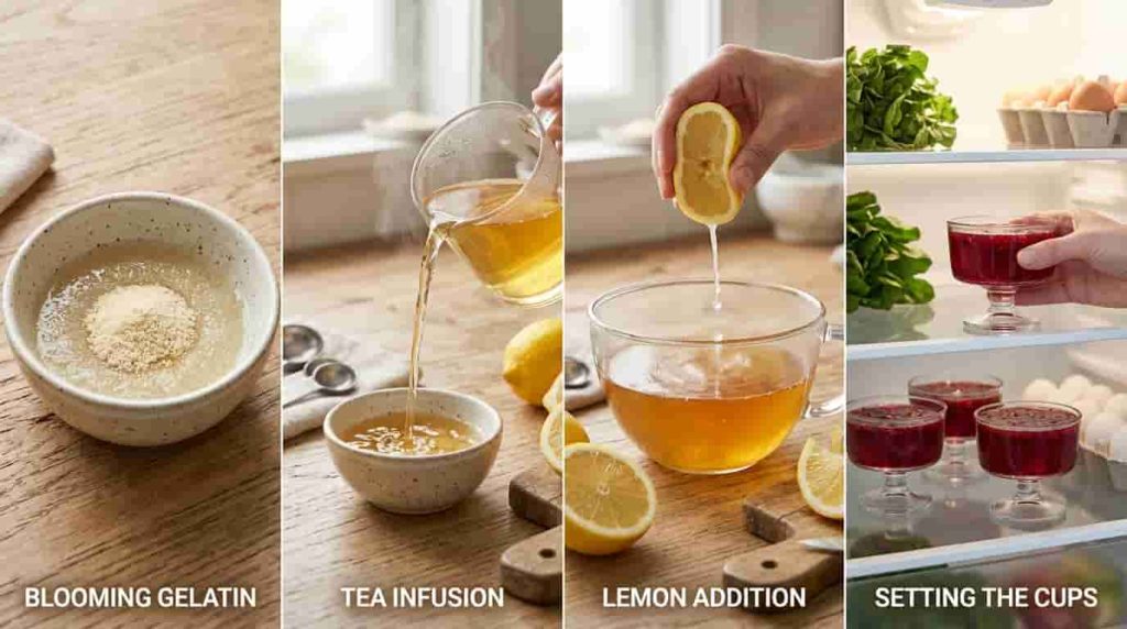 Steps for making a gelatin recipe with water, lemon, and berries