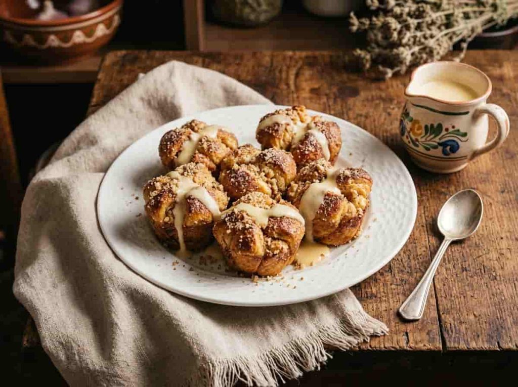 Hungarian aranygaluska pastry bites with walnuts and vanilla custard