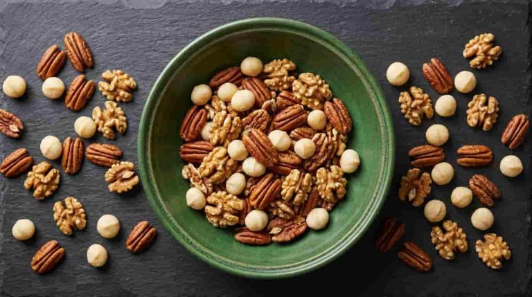 A forest green bowl filled with various low carb nuts on a dark slate surface for a nuts and low carb diet guide.