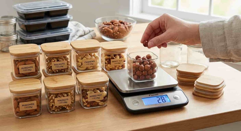 Pre-measured 1-ounce nut snack containers next to a digital kitchen scale showing 28g for portion control keto snacks.