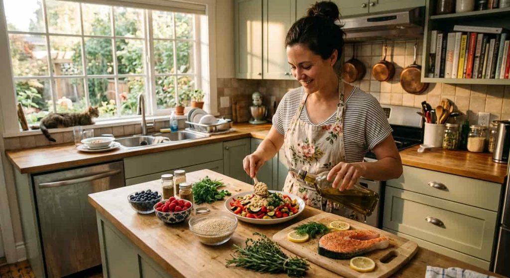 Person preparing an anti inflammatory diet meal using olive oil, vegetables, and salmon.