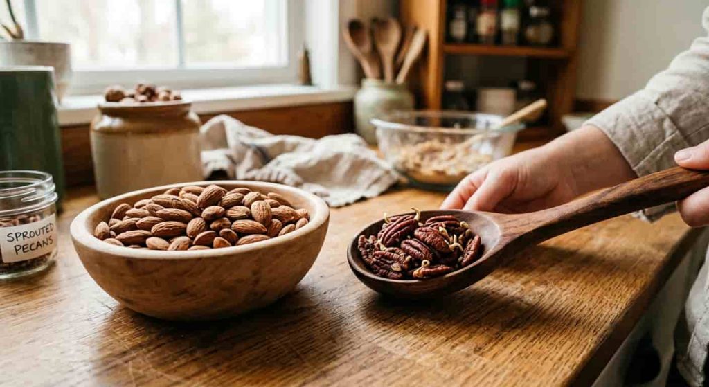 Raw unroasted almonds next to sprouted pecans showing raw vs roasted nuts low carb preparation methods.