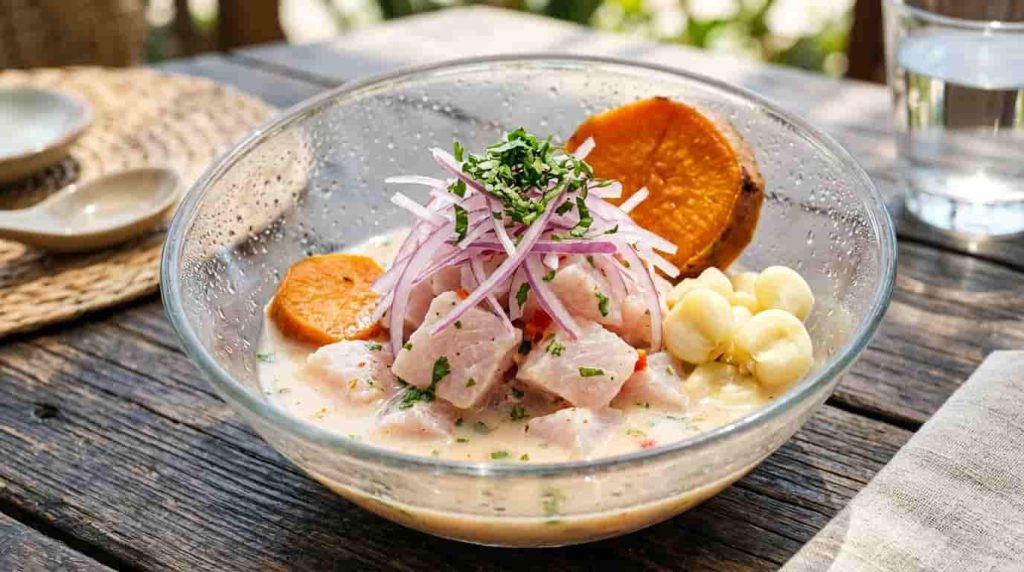 Fresh traditional Peruvian ceviche topped with sliced red onions, sweet potato, and choclo corn