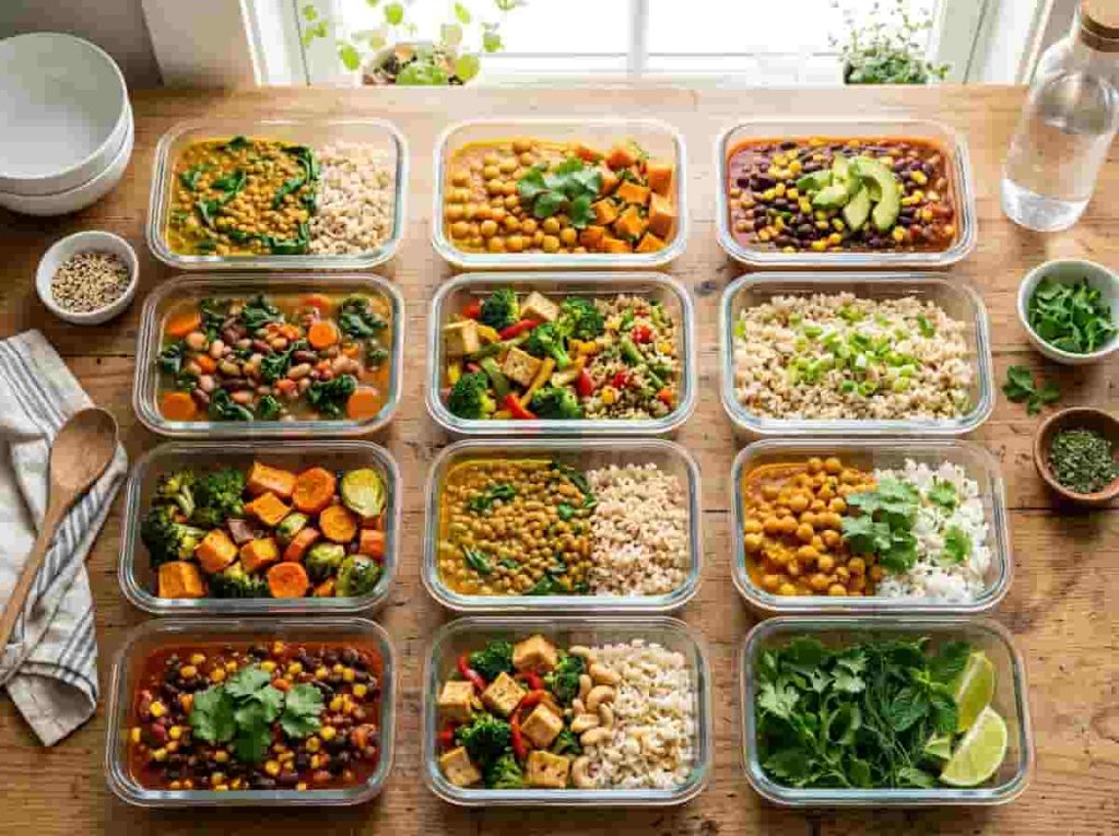 Meal prep containers filled with vegan curry, chili, soup, tofu stir-fry, rice, and roasted vegetables.