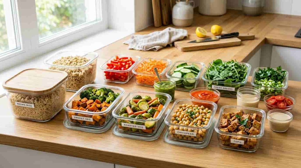 Organized vegan meal prep ideas station with tofu, chickpeas, quinoa, rice, roasted vegetables, greens, and sauces in glass containers.