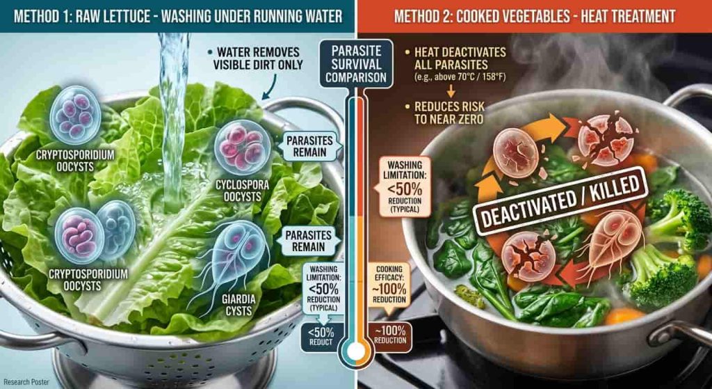 Washing vegetables compared with cooking to reduce Cyclospora risk.