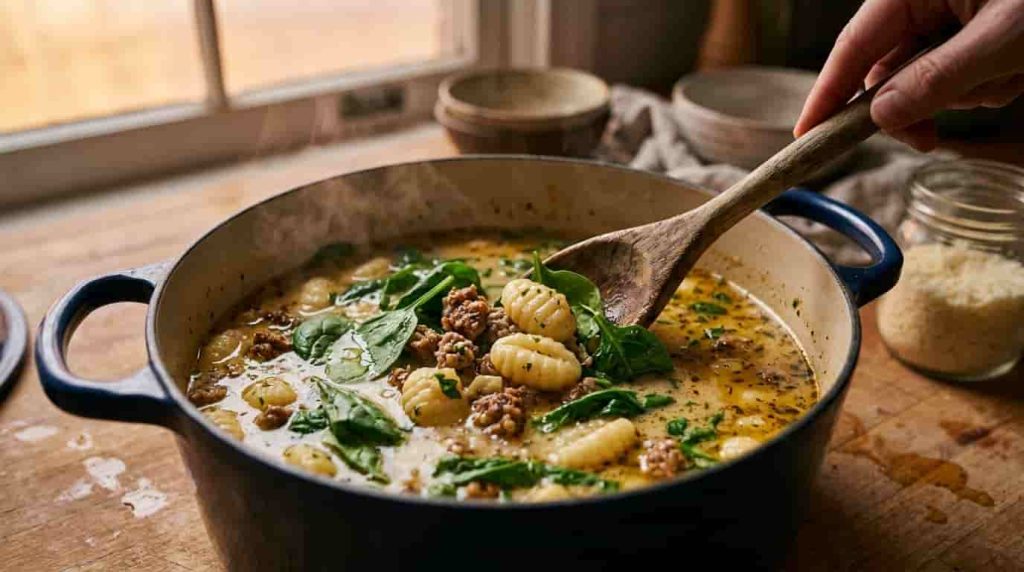 Italian sausage gnocchi soup simmering in a Dutch oven with fresh baby spinach