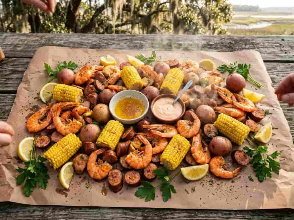 Authentic low country boil recipe with jumbo shrimp, smoked sausage, corn, red potatoes, lemon wedges, and dipping sauces.