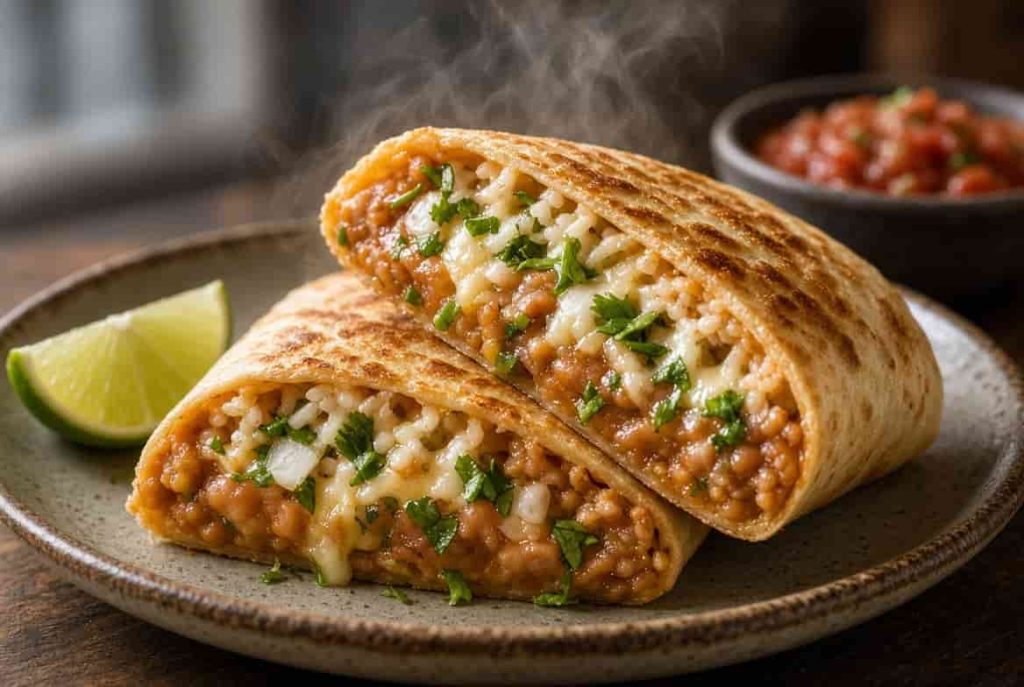 Crispy bean burrito sliced open with seasoned beans, rice, melted cheese, onion, and cilantro