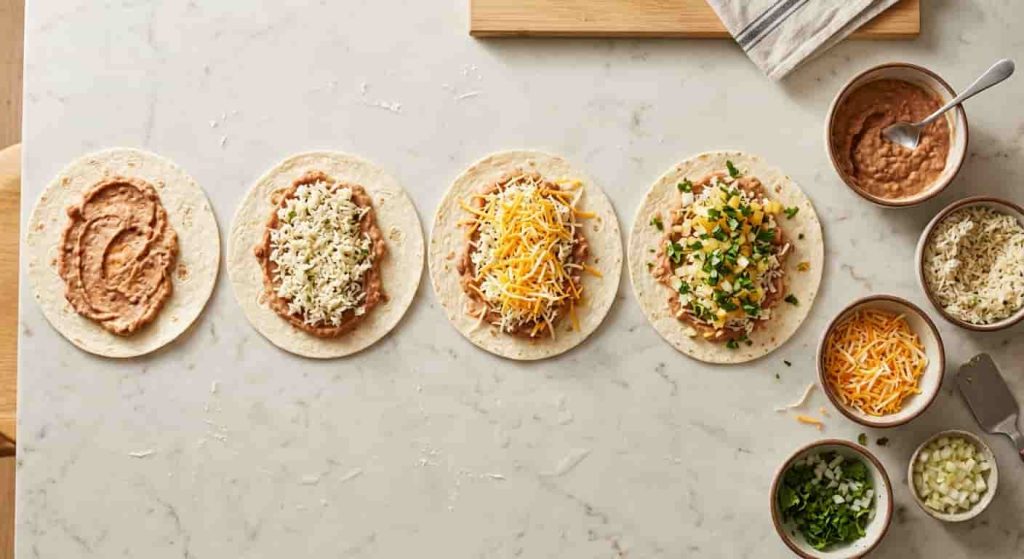 Warm flour tortilla layered with seasoned beans, rice, shredded cheese, onion, and cilantro