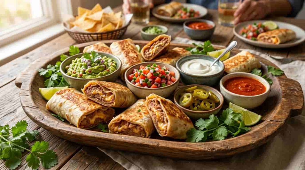 Crispy bean burritos served with guacamole, pico de gallo, sour cream, jalapeños, and hot sauce
