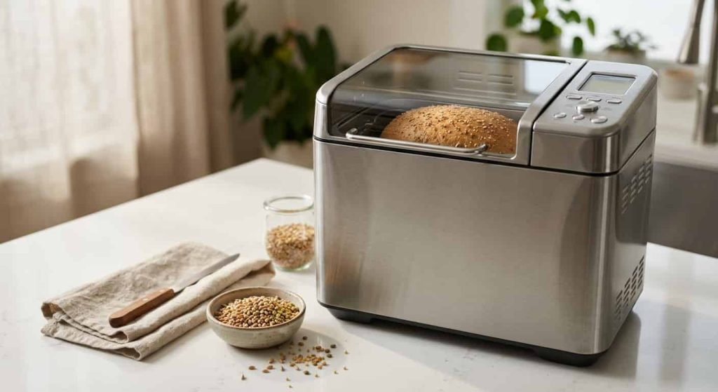 Golden homemade Ezekiel bread baking inside a modern bread machine