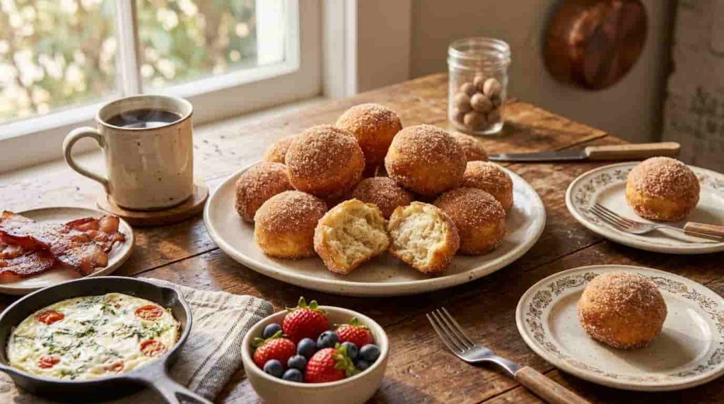 Cinnamon-sugar breakfast puffs served with coffee, berries, eggs, and bacon