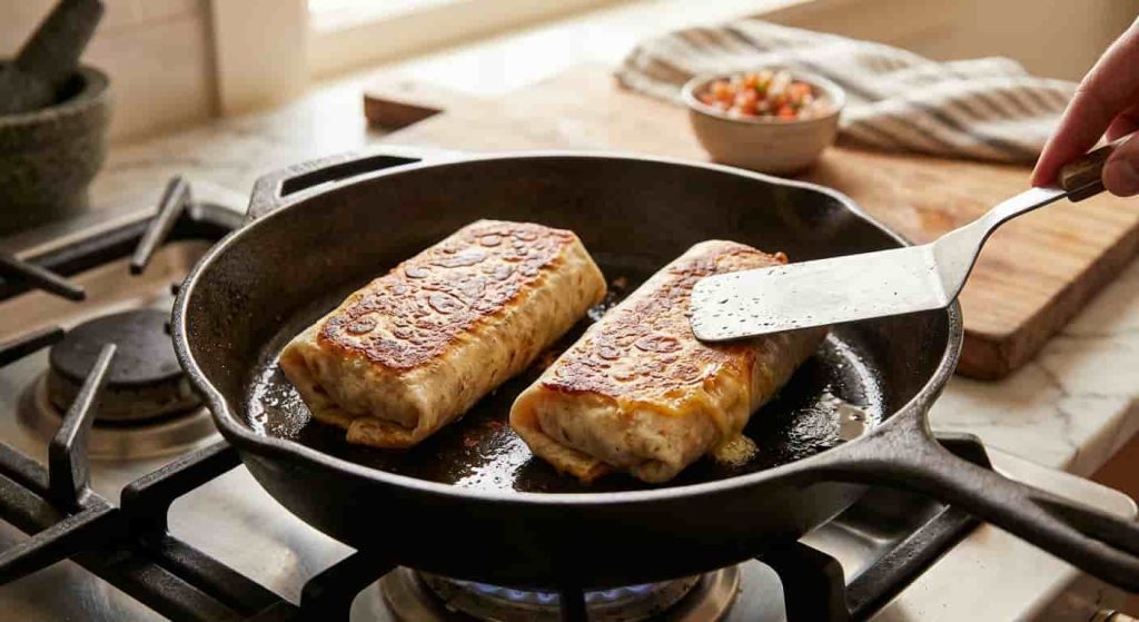 Bean and cheese burritos crisping seam-side down in a cast-iron skillet