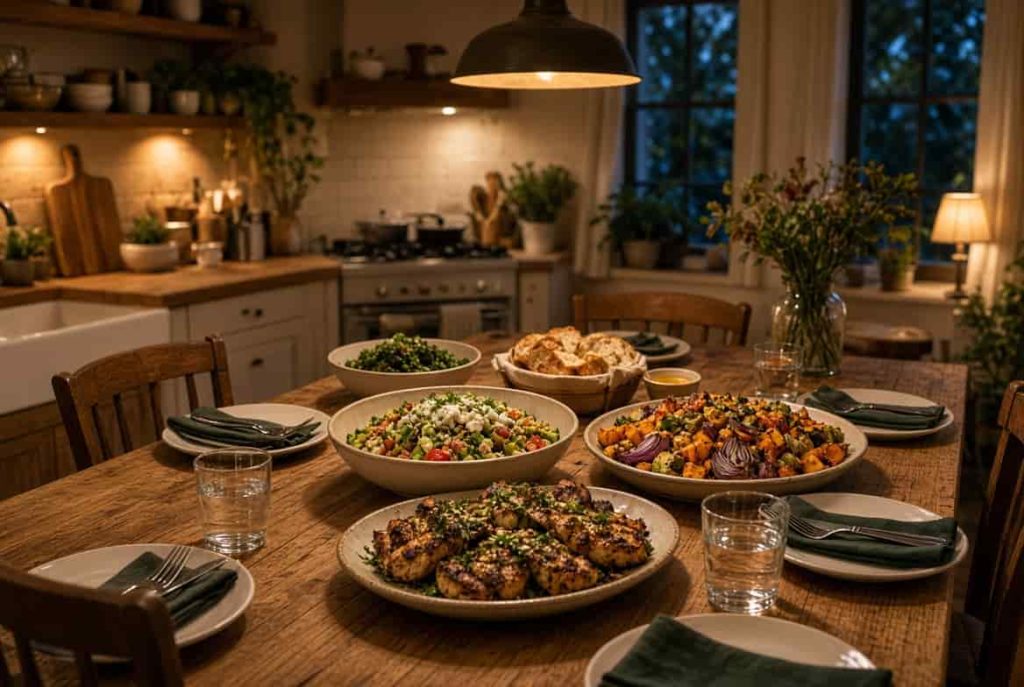 Family-style table with dairy free roasted vegetables, grain bowl, and grilled protein