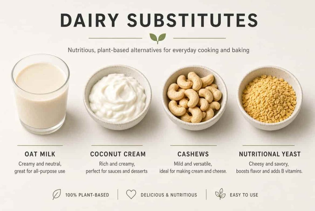 Dairy free substitutes including oat milk, coconut cream, cashews, and nutritional yeast
