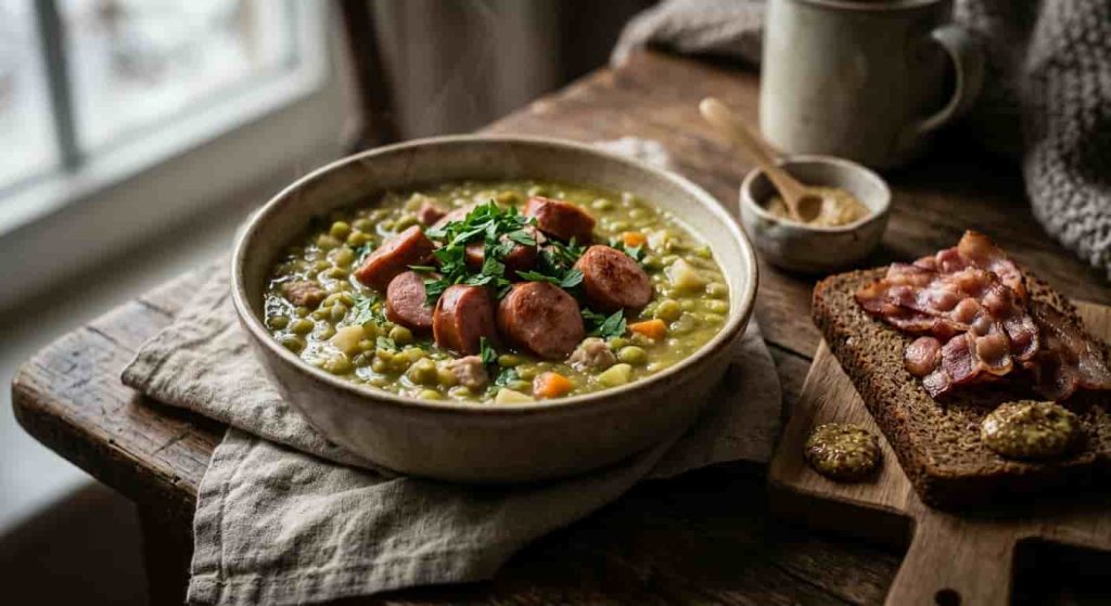 Thick Dutch erwtensoep split pea soup with smoked sausage, vegetables, parsley, and dark rye bread.