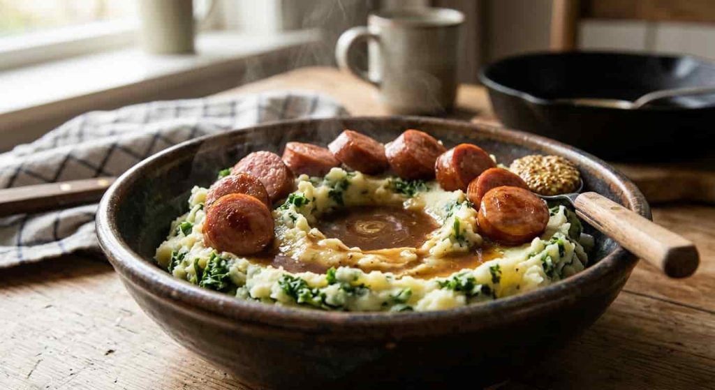 Traditional Dutch stamppot with creamy kale potato mash, sliced smoked sausage, mustard, and rich brown gravy.
