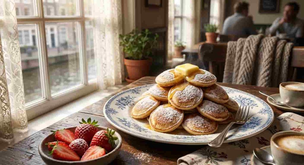Easy Dutch poffertjes mini pancakes topped with powdered sugar, melted butter, and fresh strawberries