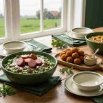 Easy Dutch recipes at home featuring stamppot, erwtensoep, bitterballen, poffertjes, and boterkoek on a rustic table