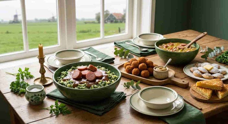 Easy Dutch recipes at home featuring stamppot, erwtensoep, bitterballen, poffertjes, and boterkoek on a rustic table