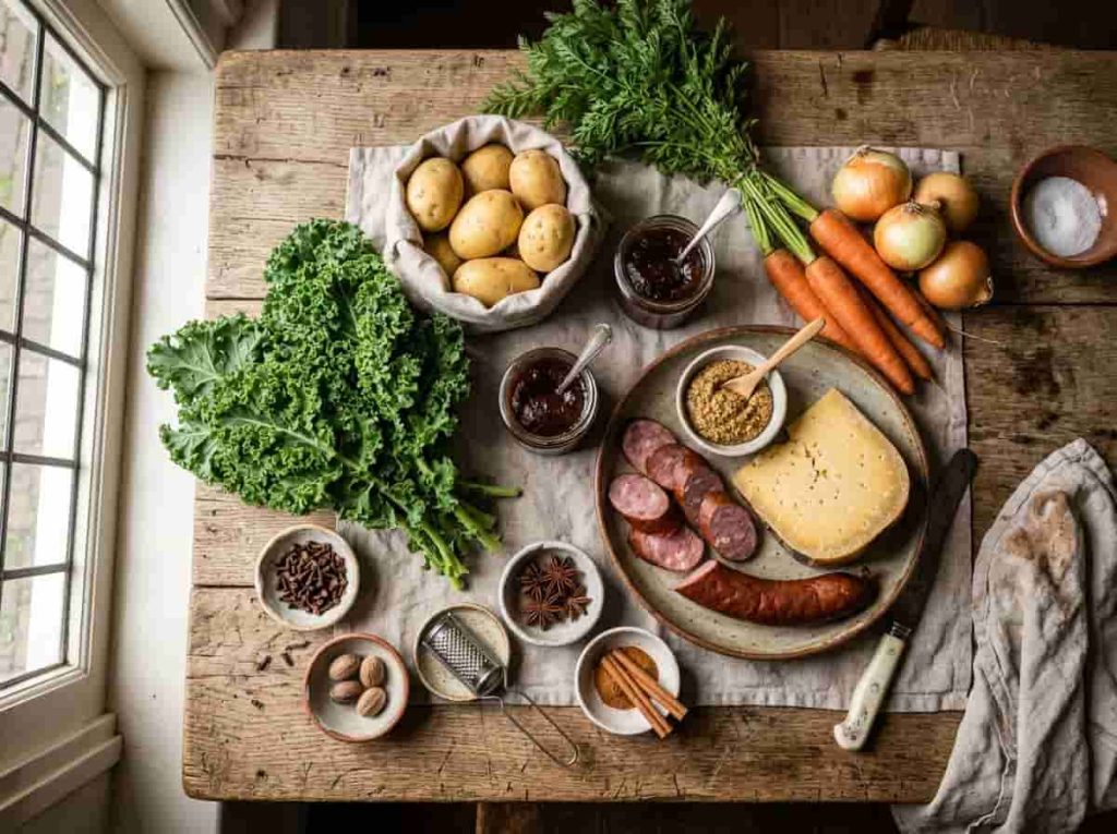 Ingredients for easy Dutch recipes at home, including potatoes, kale, Gouda cheese, smoked sausage, mustard, and Dutch spices.