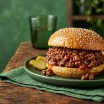Easy sloppy joe recipe with 3 ingredients served on a toasted bun with pickles and potato wedges