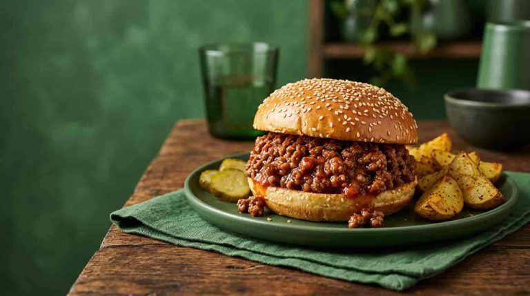 Easy sloppy joe recipe with 3 ingredients served on a toasted bun with pickles and potato wedges