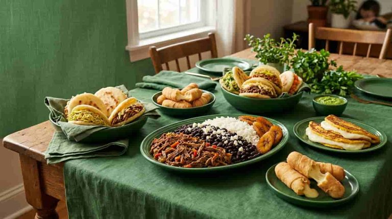 Easy Venezuelan recipes at home featuring arepas, Pabellón Criollo, cachapas, tequeños, plantains, and guasacaca.