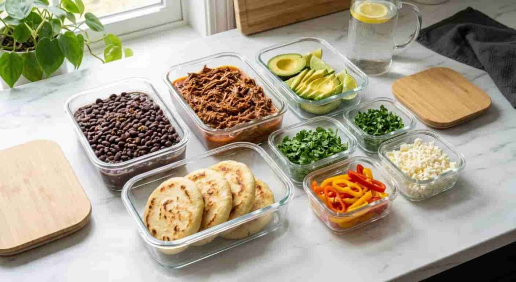 Easy Venezuelan meal prep with cooked arepas, shredded beef, black beans, avocado, white cheese, peppers, and fresh herbs.