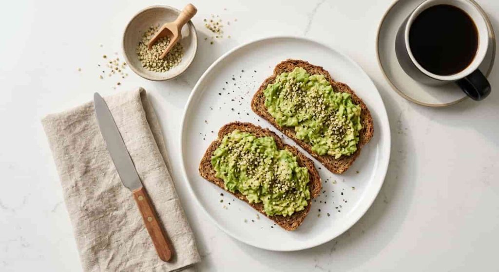 Toasted Ezekiel bread topped with avocado, hemp seeds, and cracked black pepper