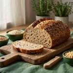 Homemade Ezekiel bread recipe loaf surrounded by sprouted grains and legumes on a forest-green styled kitchen table