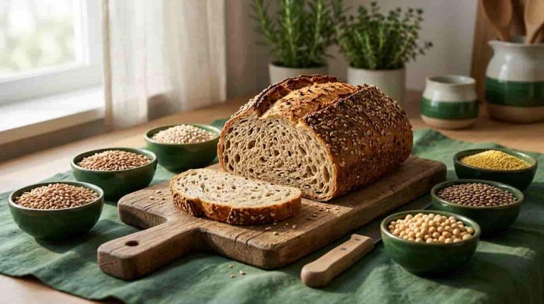 Homemade Ezekiel bread recipe loaf surrounded by sprouted grains and legumes on a forest-green styled kitchen table
