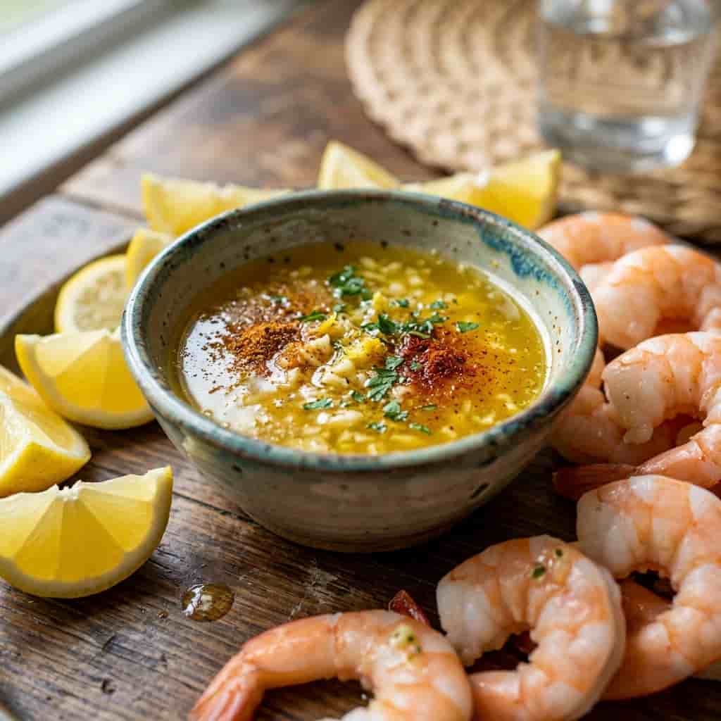 Golden garlic butter dipping sauce with Old Bay, Cajun seasoning, parsley, lemon, and cooked shrimp for a low country boil recipe.