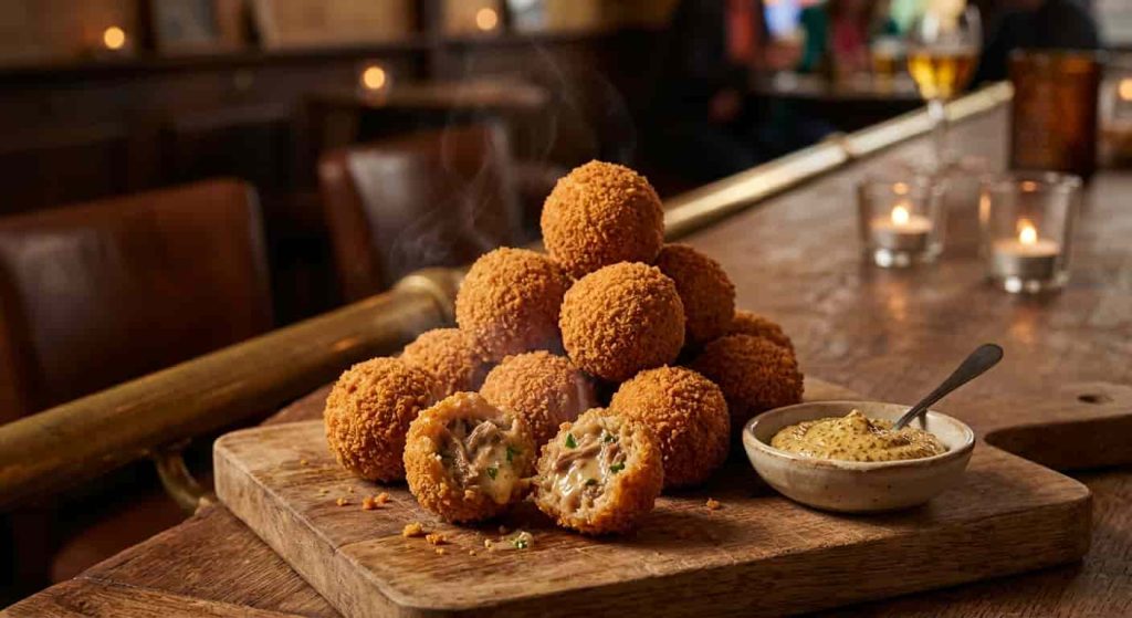 Golden homemade Dutch bitterballen with creamy beef ragout filling served with coarse mustard.