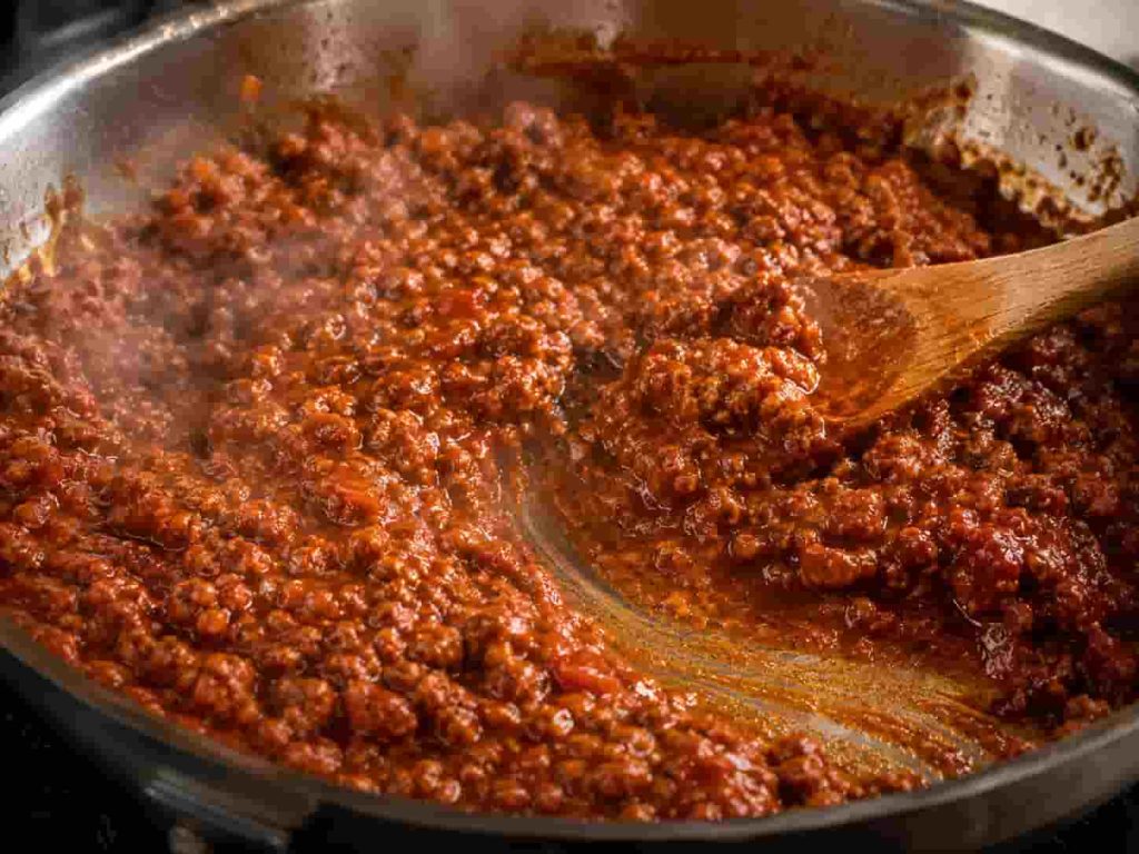 Ground beef simmering in thick homemade sloppy joe sauce made with ketchup and brown sugar