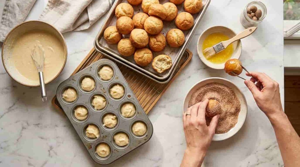 Homemade breakfast puffs being dipped in butter and cinnamon sugar