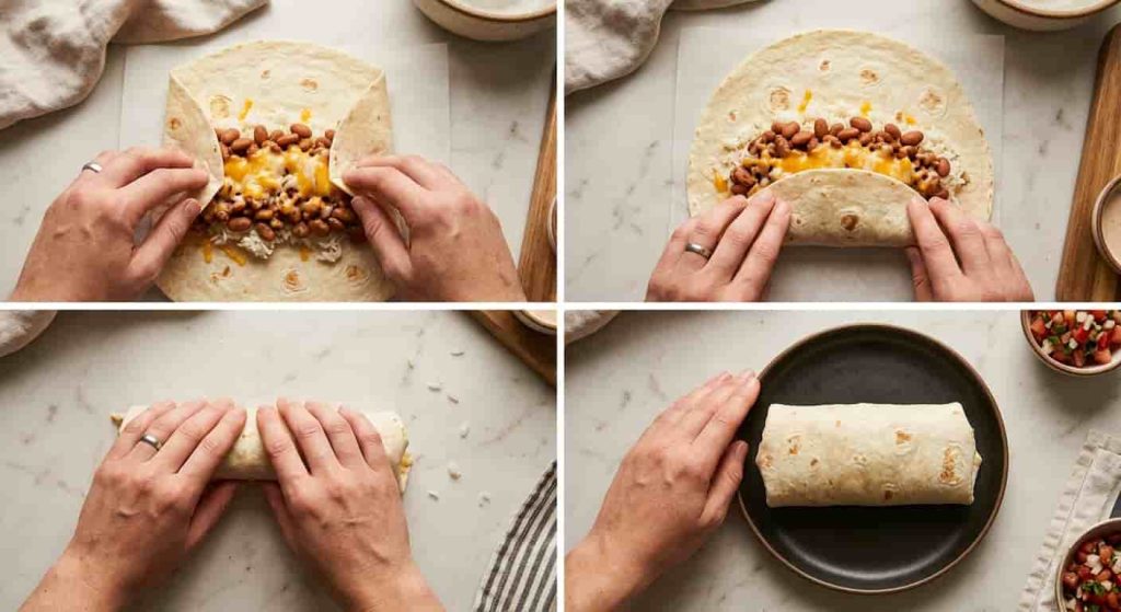 Four-step method for folding and rolling a bean burrito seam-side down