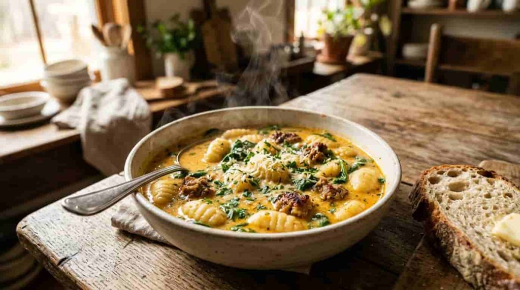 Creamy Italian sausage gnocchi soup with potato gnocchi, spinach and Parmesan