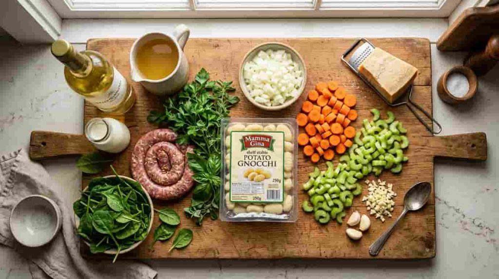 Ingredients for Italian sausage gnocchi soup with sausage, potato gnocchi, spinach and Parmesan