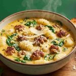 Italian sausage gnocchi soup with creamy Parmesan broth, spinach and potato gnocchi