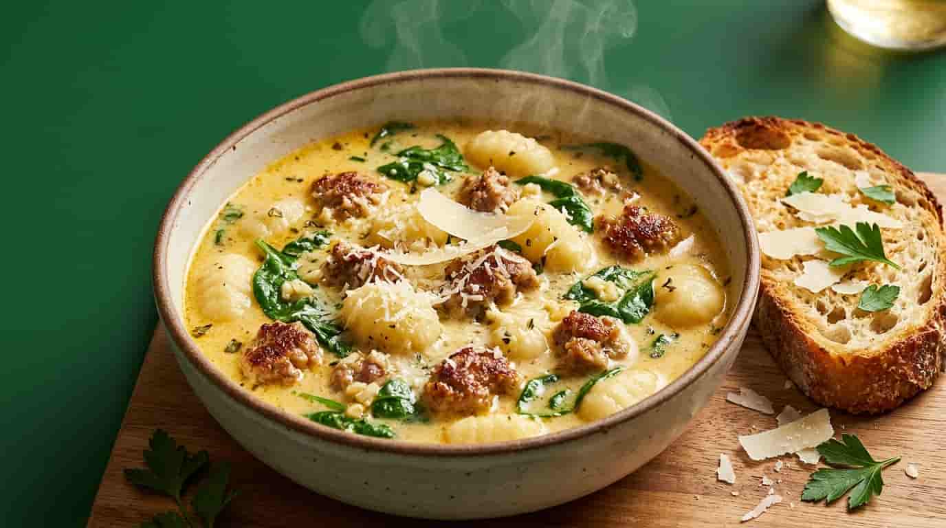 Italian sausage gnocchi soup with creamy Parmesan broth, spinach and potato gnocchi