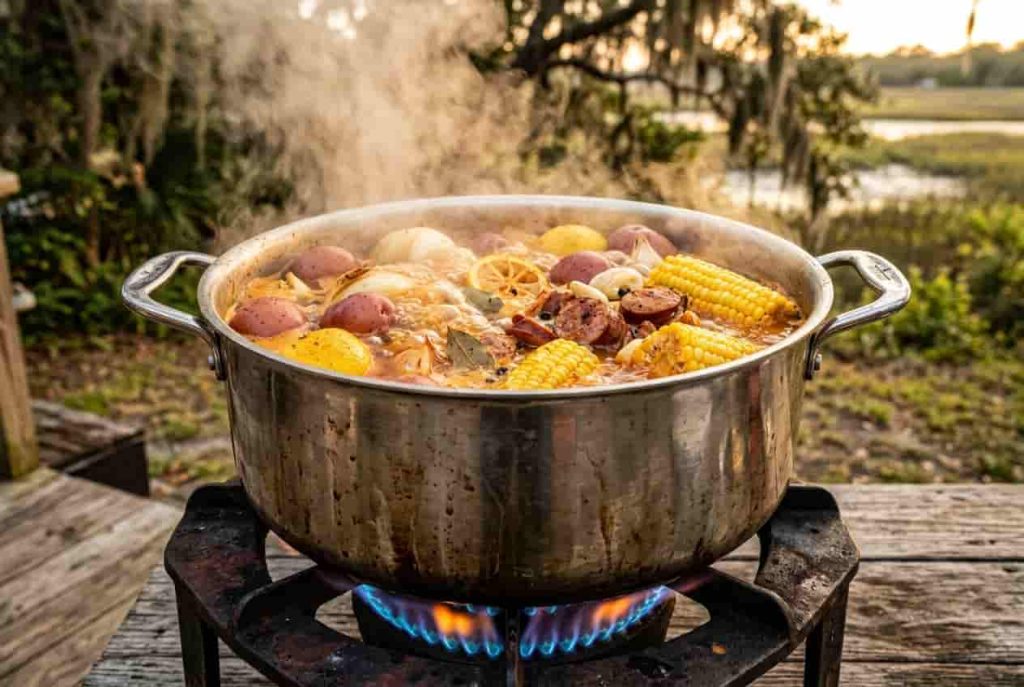 Low country boil cooking in a large outdoor stockpot with red potatoes, corn, sausage, lemon, garlic, and seasoned broth.