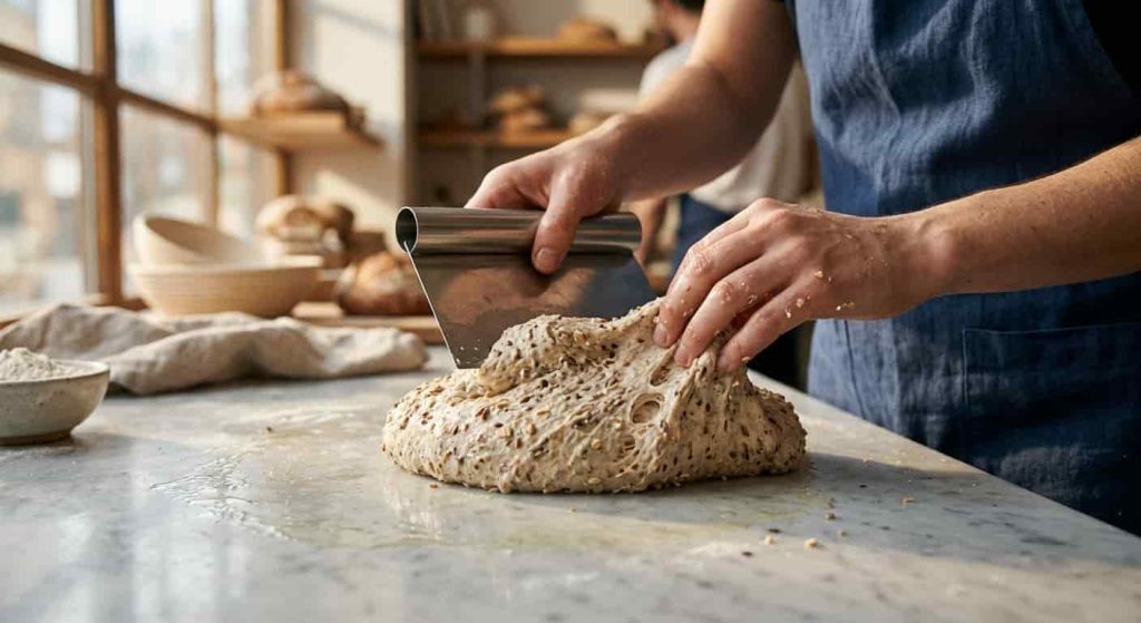 Baker folding sticky multigrain dough for a homemade Ezekiel bread recipe