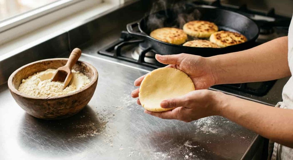 Hands shaping authentic Venezuelan arepas with Harina P.A.N. pre-cooked corn flour beside a cast-iron skillet.