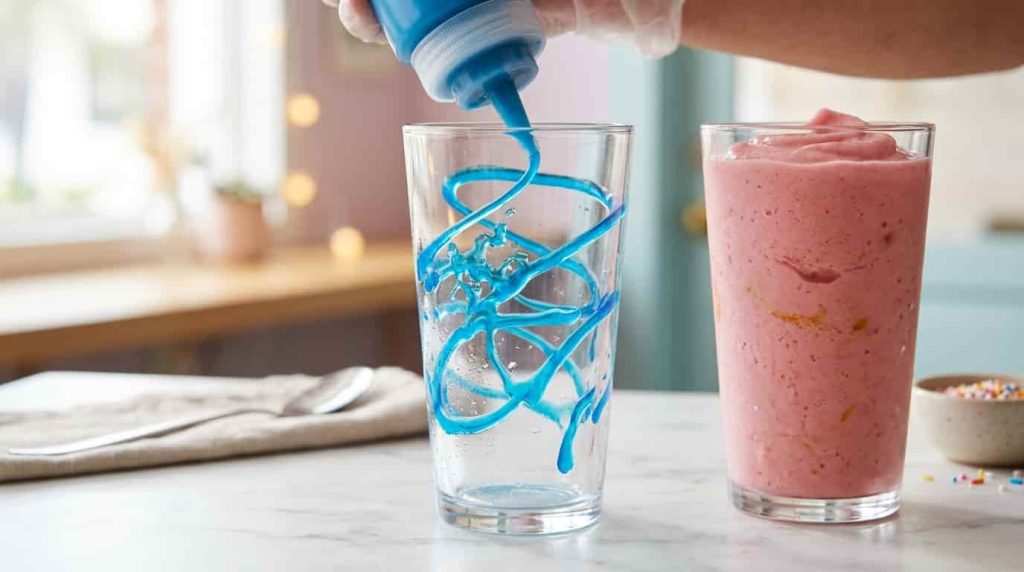 Blue sour drizzle being piped inside a glass for a unicorn frappe