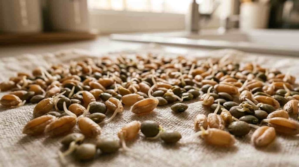 Freshly sprouted wheat berries and green lentils prepared for homemade Ezekiel bread